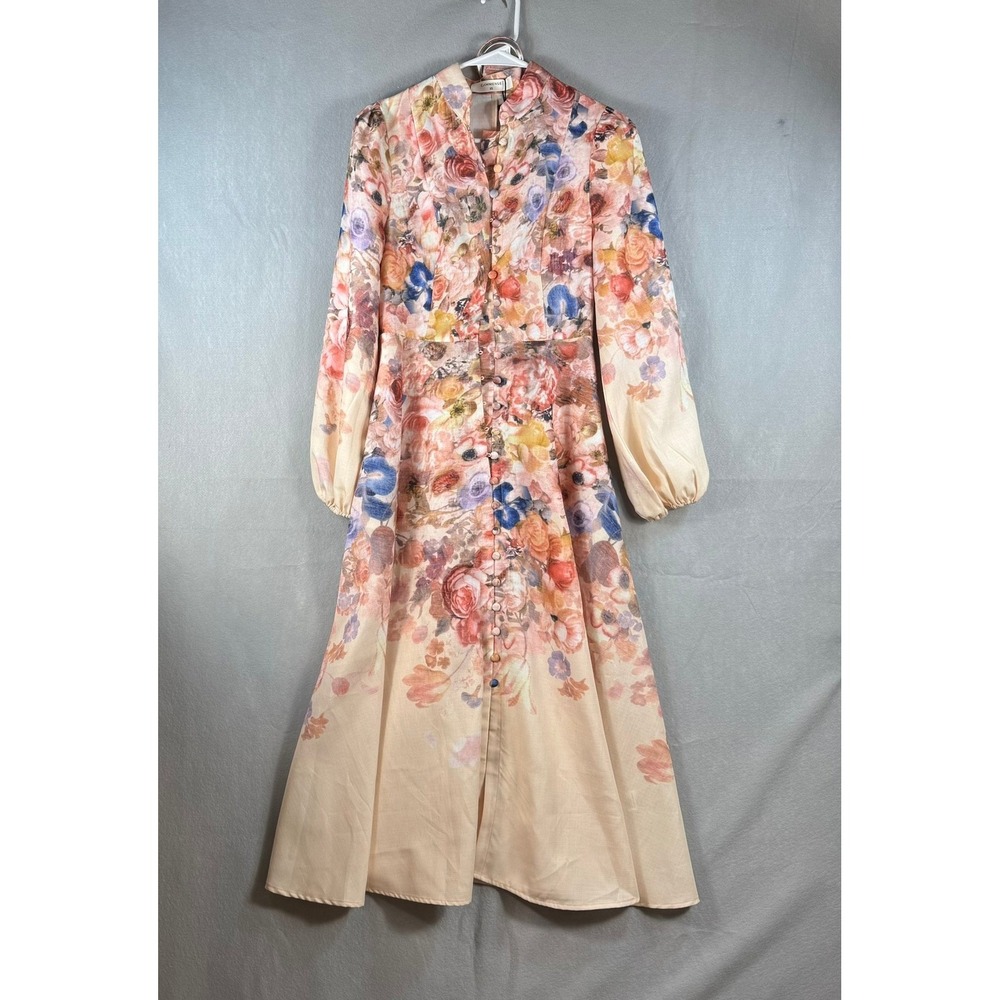 Commense Floral Button Down Maxi Dress Long Sleeve Belted Peach Pink XS NEW